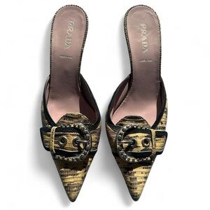 Prada Beige/ Tan Python snakeskin
Vintage Buckle Embellished Kitten heel mules